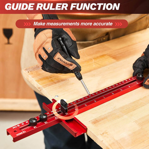 Carpenter using Pro Grade 4 In 1 Router Milling Groove Bracket For Woodworking on a wooden board for accurate measurements.