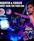 A woman in a car with Rechargeable Interior Car LED Lights Kit With 8 Color Modes illuminating the dashboard and footwell.