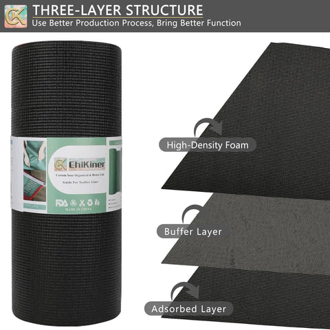 Thickened Foam Toolbox Liner Mat For Tool Boxes And Workbenches, Heavy Duty Cushioned Pad To Protect Tools And Surfaces, Noise Dampening And Vibration Absorption, Black, 16 By 6 Inches, Garage And Chest Organizer Accessory showing rolled and layered foam.