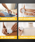 Collage of retractable tailor tape measure for fabric and sewing, 80 inch and 2 meter, showing uses for crafts, body, and tailoring.