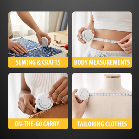 Collage of retractable tailor tape measure for fabric and sewing, 80 inch and 2 meter, showing uses for crafts, body, and tailoring.