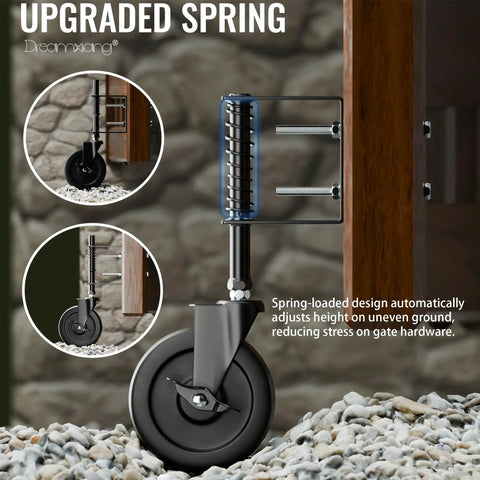 Heavy Duty 5 Inch Spring Loaded Gate Wheel Caster With Side Brake And Automatic Height Adjustment showing spring mechanism on rocky ground.