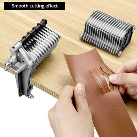 Leather Table Top Lace Cutter With 5 Replaceable Cutters cutting leather strips on wooden table