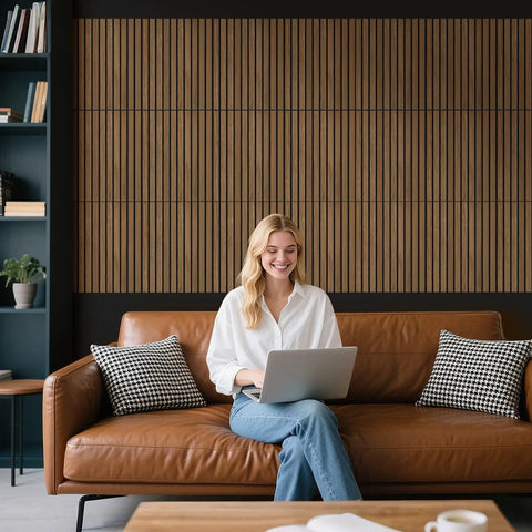 Walnut Acoustic Wall Panels 12 Pack Self Adhesive 16 By 12 By Four Tenths Of An Inch covering 16 sq ft in a modern living room space