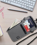 Open Travel Neck Wallet With Adjustable Strap And RFID Blocking Passport Holder showing passport, cards, and cash, gray color