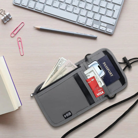 Open Travel Neck Wallet With Adjustable Strap And RFID Blocking Passport Holder showing passport, cards, and cash, gray color
