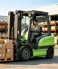 Heavy Duty Electric Forklift For Warehouse Logistics And Dock Loading Featuring Ride On Setup and No Sweat Pallet Handling, operator maneuvering pallets.