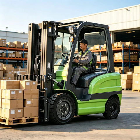 Heavy Duty Electric Forklift For Warehouse Logistics And Dock Loading Featuring Ride On Setup and No Sweat Pallet Handling, operator maneuvering pallets.