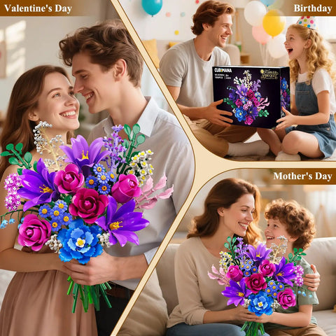 21 Flower Bouquet Building Kit With Lights For Adults And Teens 8 12 Plus Realistic Floral Set shown in Valentine, birthday, and Mother's Day scenes