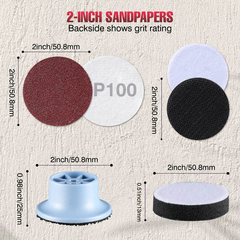 4 In 1 Resin Sander Kit With 203 Piece Set 2 inch hook and loop sandpapers discs and buffing pads shown with dimensions