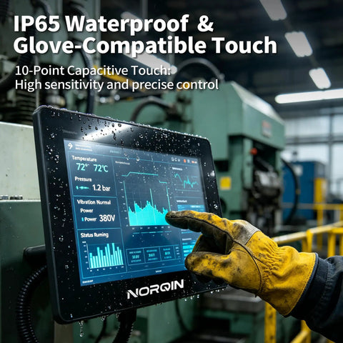 Heavy Duty 27 Inch Full Hd Industrial Touchscreen Monitor With Plug And Play Embedded Pc Crushing Hmi Tasks And Cnc Racks Smoothly Featuring Sweet Fhd Visuals And Fast Touch showing waterproof touchscreen in factory setting.