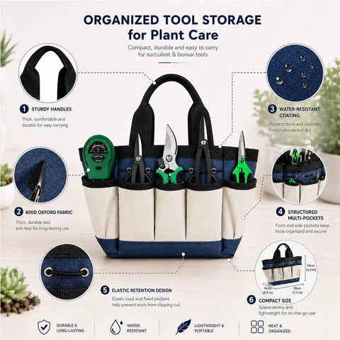 25 Piece Succulent And Bonsai Tools Set For Beginners Indoor Plant Care Kit With Repotting Mat Organizer Tote Soil Moisture Meter Pruning Shears Mini Garden Tools A Must Have Gift For Women And Men, 600D oxford tote
