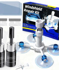 Fast Acting Windshield Repair Kit With Nano Glass Repair Fluid For Chips And Cracks, tool, liquid bottles, blue resin