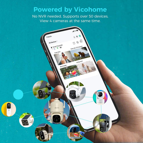 Hand holding smartphone displaying Vicohome app for 2K Smart Video Doorbell With Chime And Battery Powered Wireless Security Camera