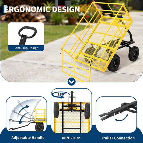 Beast 1400 Pound Garden Dump Cart 3 In 1 Yard Wagon with removable side panels, ergonomic handle, and 13-inch tires