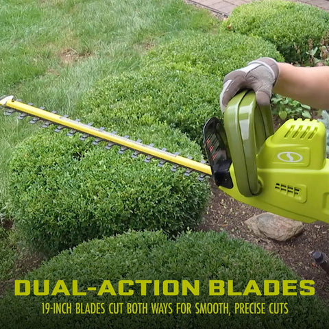 Multi Angle Telescoping Electric Hedge Trimmer with 19-inch dual-action blades trimming bushes for precise cuts.