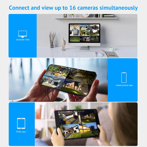 View 16 camera feeds on screen with 4MP 2K Outdoor Indoor Wired Security Camera With IP65 Weatherproof, Starlight Sensor And Color Night Vision
