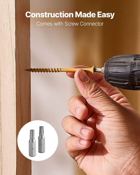 All Weather Tough Number 10 X 3 Inch Exterior Deck Screws 350 Count Pack With Torx T25 Star Drive being used with a drill.