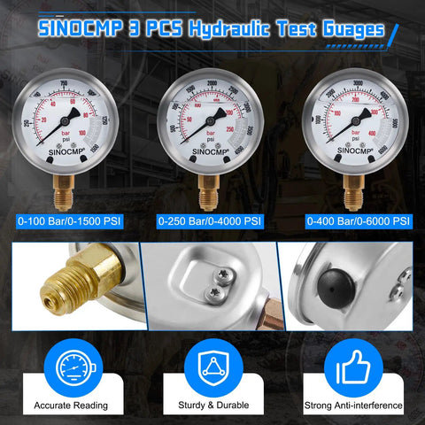 SINOCMP Hydraulic Pressure Test Kit featuring three gauges measuring 0-100, 0-250, and 0-400 bar for heavy machinery diagnostics.