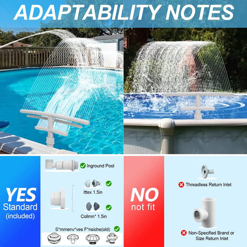 Epic Pool Fountain With Lights For Above Ground And Inground Pools, Solar Powered Dual Layer Waterfall Sprinkler, compatibility info