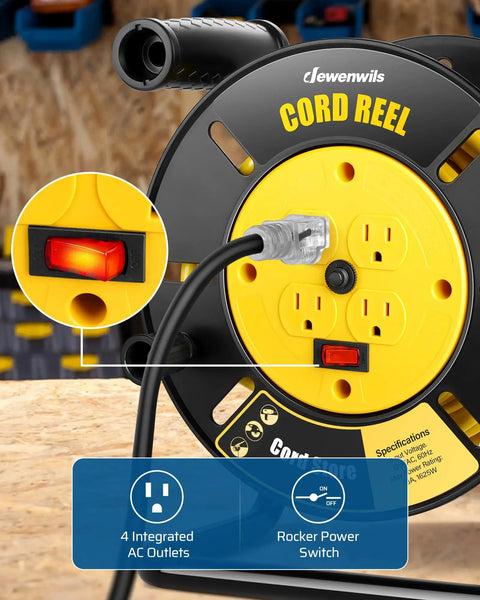 Heavy Duty Extension Cord Reel With Four Grounded Outlets Open Retractable Cord Winder For 12/3 14/3 16/3 Gauge Cords