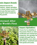 Four Piece 1/2 Inch Heavy Duty Brass Impact Sprinkler Set With Fully Adjustable 360 Degree Rotation mounted in garden watering plants.