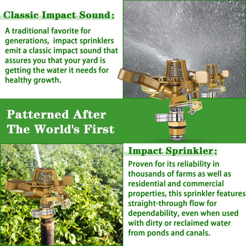 Four Piece 1/2 Inch Heavy Duty Brass Impact Sprinkler Set With Fully Adjustable 360 Degree Rotation mounted in garden watering plants.