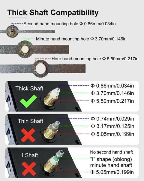 Diagram showing thick shaft compatibility for Dope Multicolor Clock Hands Set for Quartz Wall Clocks 9.84 Inches and Up