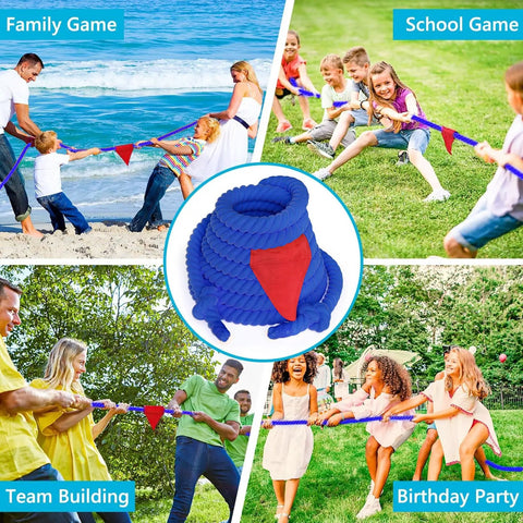 Epic Tug Of War Rope 25Ft With Flag For Outdoor Fun For Kids And Adults used in varied outdoor events with blue rope and red flag.