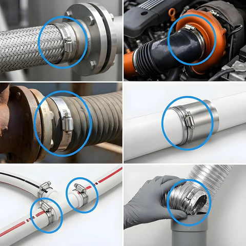 Close-up of 20 Pieces 4 Inch Stainless Steel Hose Clamps 304 Grade Worm Gear Duct Clamps Heavy Duty for various pipe connections.
