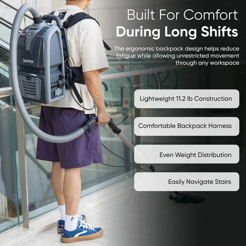 Dapper Commercial Backpack Vacuum Cleaner Lightweight 11Lb With HEPA Filter 2 In 1 Vacuum And Blower 50 Ft Cord 1200W For Hard Floors Carpet Stairs And Tight Spaces Ultimate Cleaning Solutions