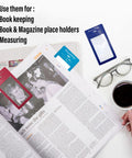Person reading newspaper with 2 Pack Large Full Page Magnifying Sheet With 3X Magnification And 3 Fresnel Lens Bookmark Magnifiers nearby