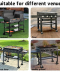 Four different views of BBQ grills on various surfaces with anti-slip caster cups installed for stability in indoor/outdoor use.