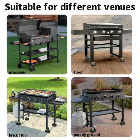 Four different views of BBQ grills on various surfaces with anti-slip caster cups installed for stability in indoor/outdoor use.