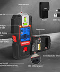 Two In One Stud Finder With Laser Level For Accurate Wall Scanning Rechargeable Pro Grade Stud Sensor With Built In Level Ideal DIY Home Improvement Tool For Locating Studs Pipes And Electrical Lines Quickly And Safely, pouch and USB-C cable