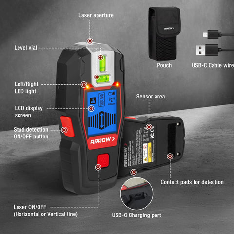 Two In One Stud Finder With Laser Level For Accurate Wall Scanning Rechargeable Pro Grade Stud Sensor With Built In Level Ideal DIY Home Improvement Tool For Locating Studs Pipes And Electrical Lines Quickly And Safely, pouch and USB-C cable