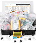 Electronic Component Kit With Resistors Capacitors Inductors Diodes Transistors Potentiometers ICs LEDs PCBs And LCR Tester 2200 Piece Assortment For DIY Electronics Projects Makers And Pro Hobbyists displayed in open box