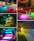 Color Changing Solar Spot Lights For Outdoors Six Pack IP65 illuminating garden, pathway, and house with multicolor lighting.