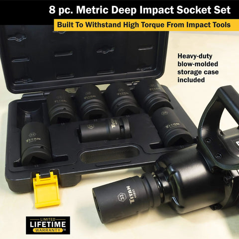 8-Piece 1-Inch Drive Metric Deep Impact Socket Set With Heavy-Duty Blow Molded Case, 6-Point Metric Sockets 27-41mm, stored in case