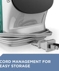 Close-up of Light N Easy Compact Steam Iron with SmartSteam Technology showing cord management for easy storage.