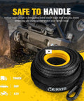Synthetic Winch Rope For Off Road Recovery Three Eighths Inch By Eighty Five Foot 25000 Lbs with protective sleeve displayed.
