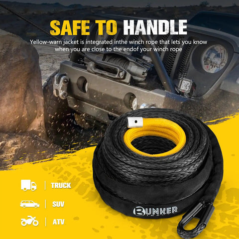 Synthetic Winch Rope For Off Road Recovery Three Eighths Inch By Eighty Five Foot 25000 Lbs with protective sleeve displayed.