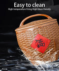 Top Shelf Ceramic Rice Storage Jar With Airtight Lid Chinese Design Grain Dispenser For Beans Coffee Tea, brown texture with red label.