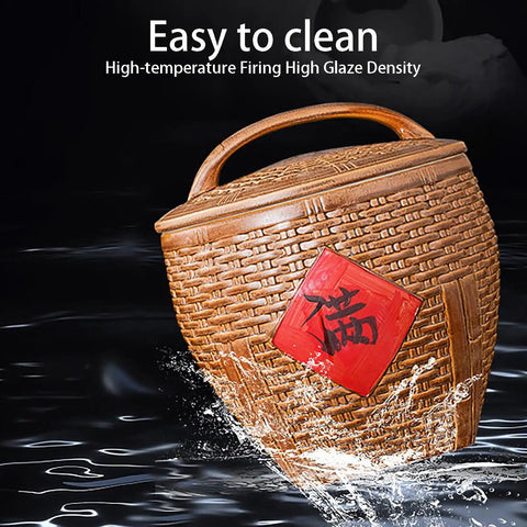 Top Shelf Ceramic Rice Storage Jar With Airtight Lid Chinese Design Grain Dispenser For Beans Coffee Tea, brown texture with red label.