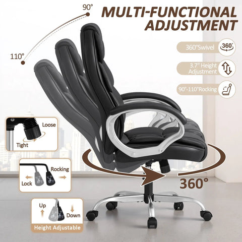 High Back PU Leather Desk Chair With Adjustable Height, Boss Level Modern Executive Swivel Task Chair Featuring Padded Armrests.
