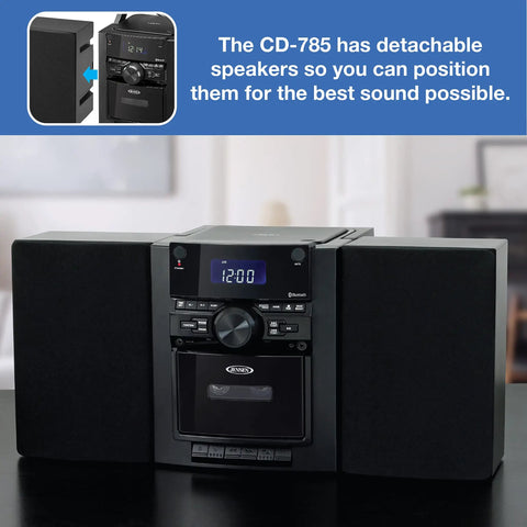 10 Watt Portable Bluetooth Home Stereo System With Detachable Speakers CD Cassette Player AM FM Radio Alarm Clock And Remote Control Model CD 785