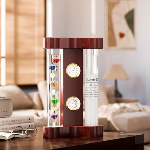 4 In 1 Indoor Weather Station With Glass Galileo Thermometer Fitzroy Storm Glass Precision Quartz Clock And Hygrometer on cherry base
