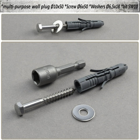Nylon Dowel Kit With 8 Tough 10X50 Dowels, 8 Stainless Steel A2 6X50 Bottom Screws, 8 A2 Washers For M6, and SW10 Socket on display