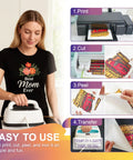 Dark Fabric Iron On Transfer Paper Kit, 25 Sheets, 8.5x11 Inches, Printable Heat Transfer for Inkjet Printers, process steps shown