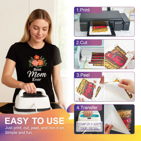 Dark Fabric Iron On Transfer Paper Kit, 25 Sheets, 8.5x11 Inches, Printable Heat Transfer for Inkjet Printers, process steps shown